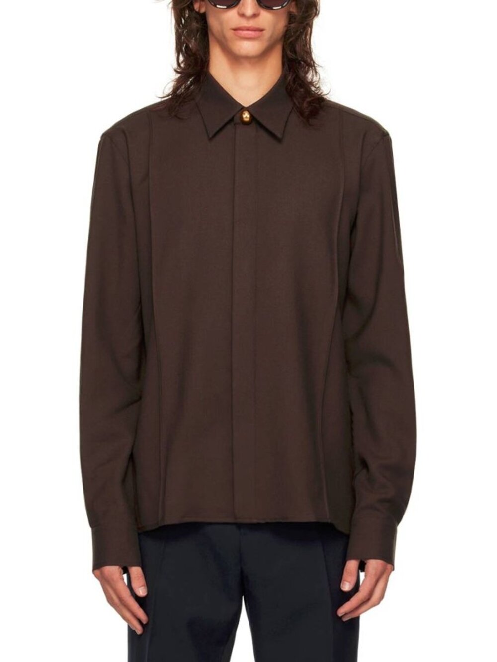 AMI AW24 Runway Dark Coffee Wool Gabardine Pintuck Shirt